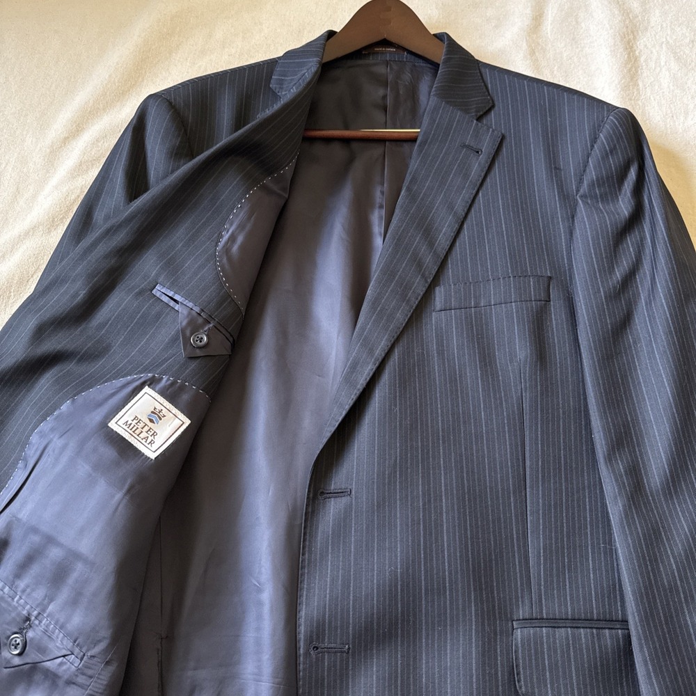 Peter Millar Wool Blazer Sport Coat Mens 46 Tall Navy Blue Striped Read
